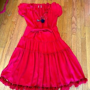 RED dress with Pom-Poms. Drawstring waist